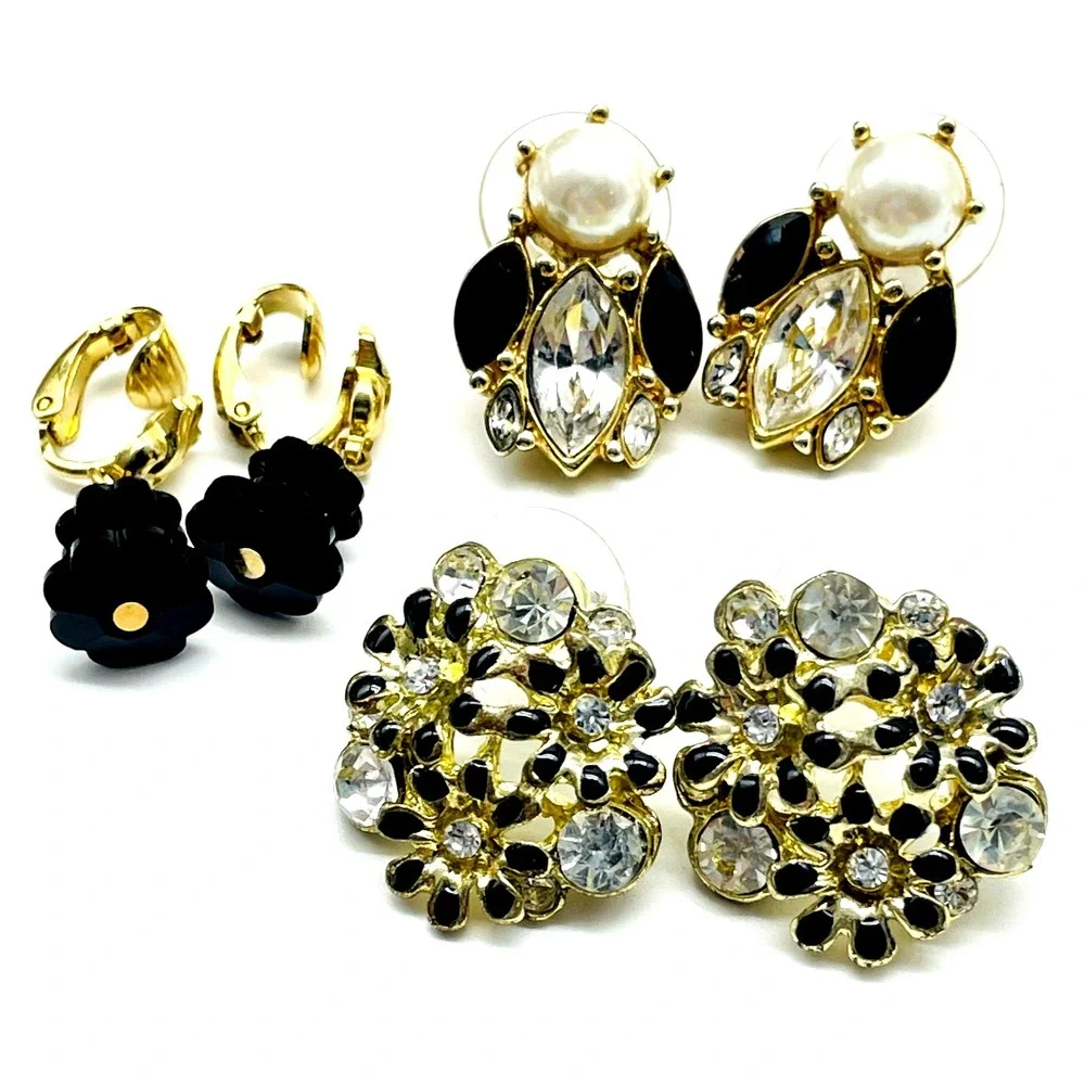 Vintage Earrings Lot of 3 Black Bead Flower Rhinestone Gold Tone Costume